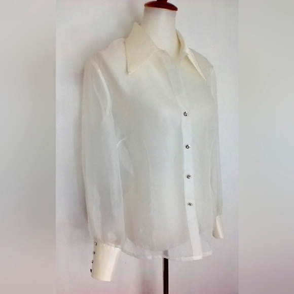 SHEER WHITE BLOUSE WITH RHINESTONE CUFFS - Picture 1 of 11